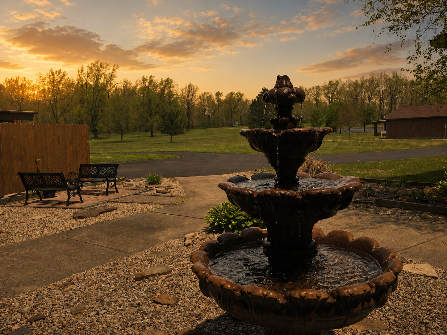 The fountain and grounds at Christian Assembly Church at golden hour